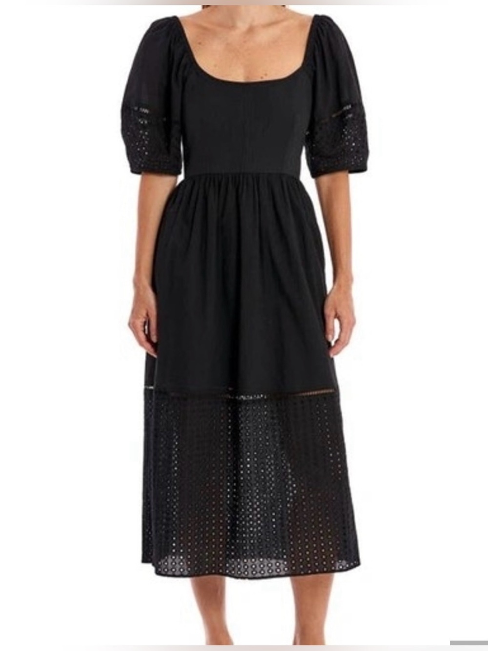 NWT La Ligne Black Eyelet Puff-Sleeve Midi Dress Size M